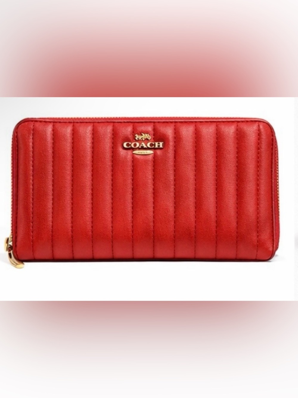 ❤️Coach 2855 Linear Quilting Accordion Zip Around Wallet in red.